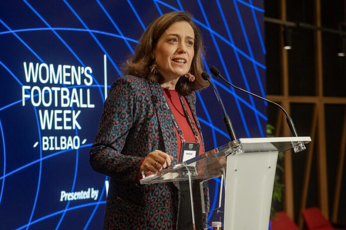 Marian Otamendi Marian Otamendi speaking at the podium during Women’s Football Week in Bilbao, representing World Football Summit.