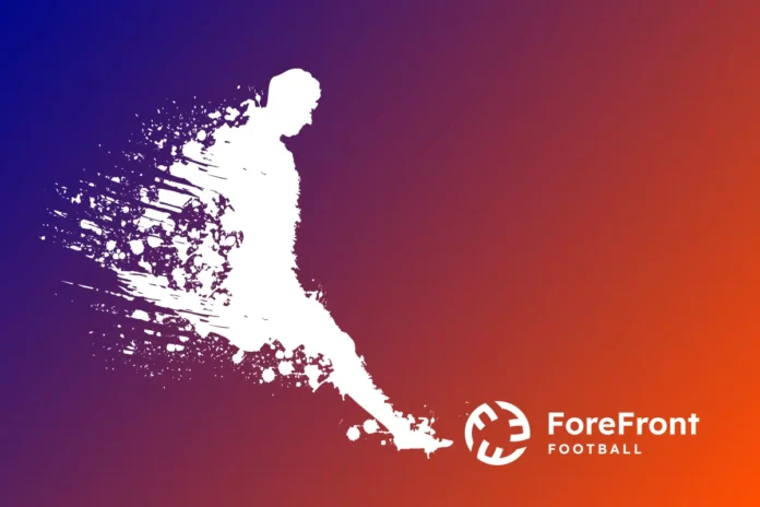 Stylised graphic of a footballer in motion with paint-splatter effect next to the ForeFront Football logo on a purple-orange gradient background.