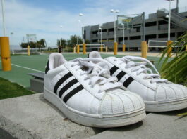 Adidas Superstar sneakers placed outdoors, symbolizing the timeless connection between sport, fashion, and culture.