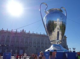 The Business of League and Tournament Sponsorships UEFA Champions League trophy display in Madrid ahead of the 2019 final, showcasing the tournament’s global scale and branding power.
