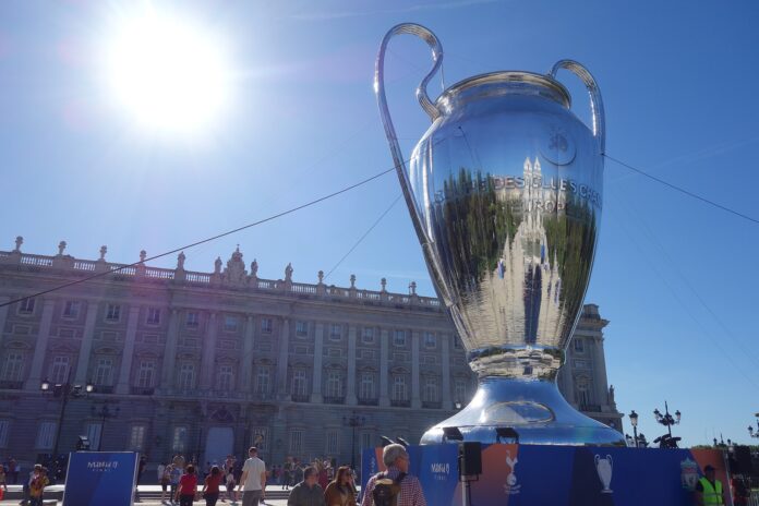 UEFA Champions League trophy display in Madrid ahead of the 2019 final, showcasing the tournament’s global scale and branding power.