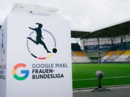 Match ball stand of the Google Pixel Frauen-Bundesliga on display before kickoff at a German stadium.