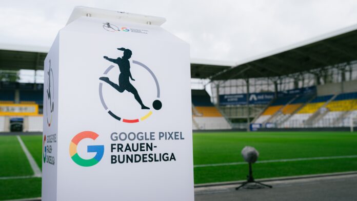 Match ball stand of the Google Pixel Frauen-Bundesliga on display before kickoff at a German stadium.