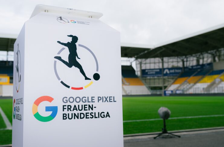 Match ball stand of the Google Pixel Frauen-Bundesliga on display before kickoff at a German stadium.