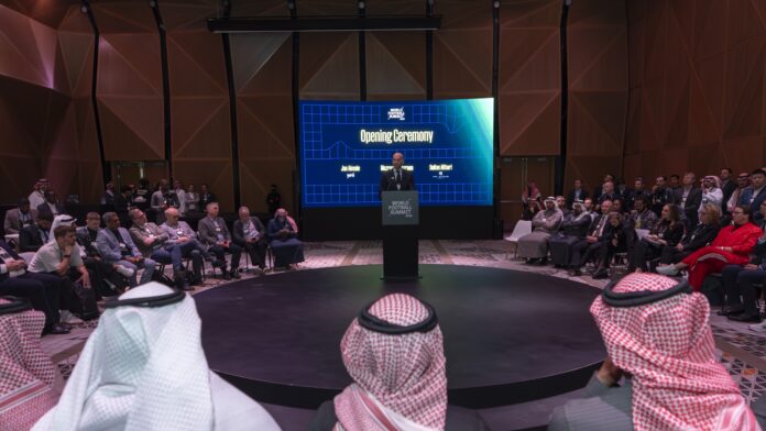 WFS Riyadh C Delegates and speakers gathered in a circular auditorium during the opening ceremony of the World Football Summit in Riyadh.