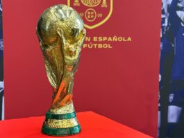 FIFA World Cup trophy on display, symbolising the ambition for America to win football’s biggest prize.