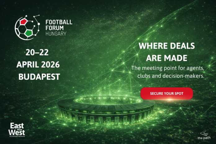 Football Forum Hungary 2026 promotional banner at Puskás Arena in Budapest
