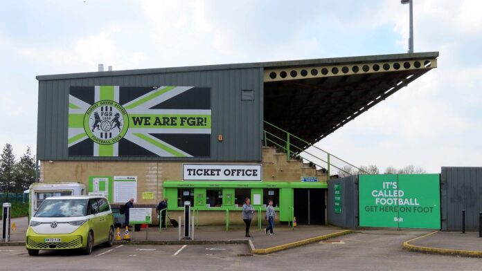 Forest Green Rovers stadium entrance and ticket office highlighting sustainable football infrastructure
