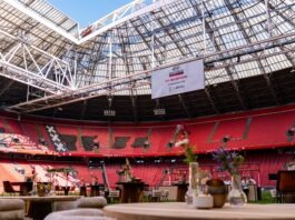 Soccerex Europe setup inside the Johan Cruyff Arena in Amsterdam ahead of the football business conference.